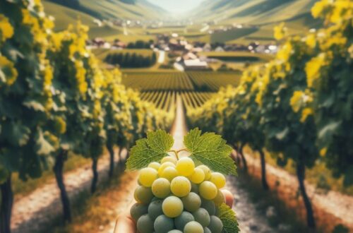 What is the most common grape variety grown in Austria - A photo of a scenic Austrian vineyard with rows of Grüner Veltliner grapes in focus. This image combines the grape variety with its origin and terroir.