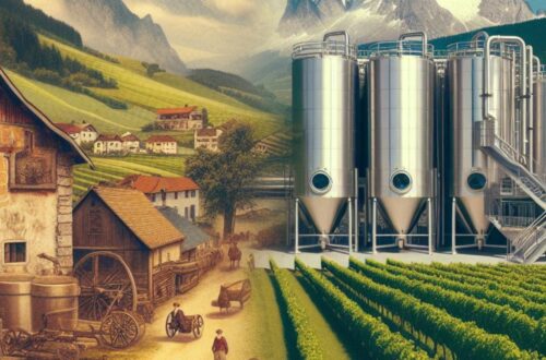History of wine in Austria - a split-image concept. On one side, showcase a historical image representing early winemaking in Austria. On the other side, display a photo of a modern Austrian winery with stainless steel tanks or a technological innovation used in wine production today.