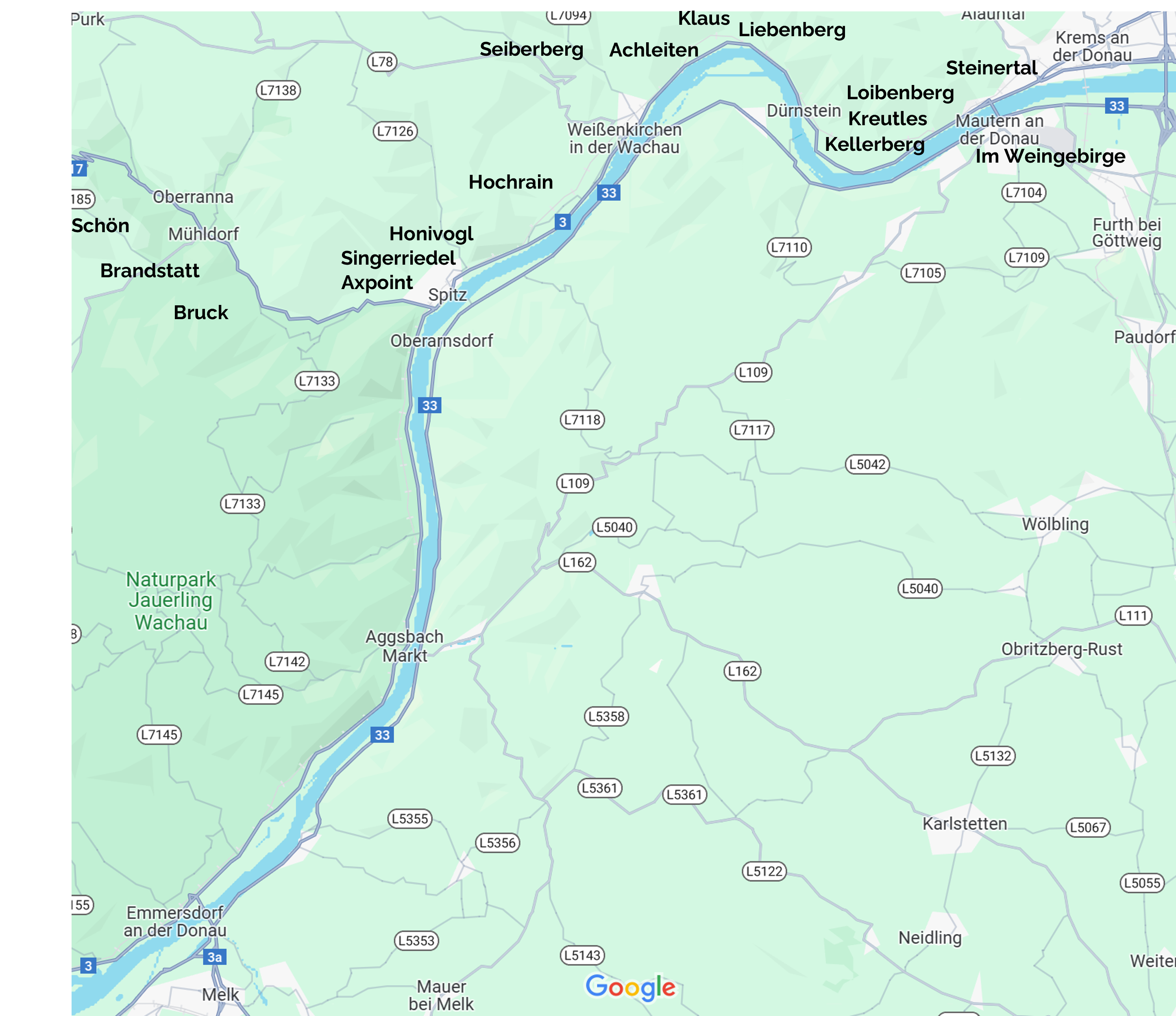 screenshot of googlemaps with the vineyards in the Wachau