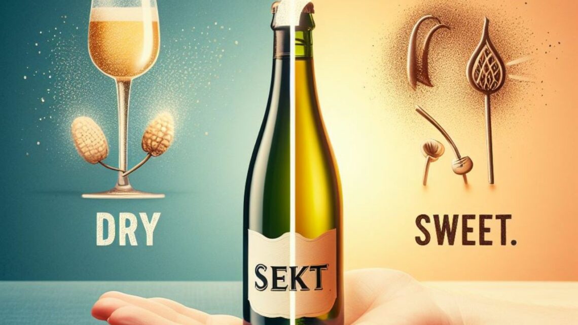 Is Sekt sweet or dry - A split image concept. On one side, showcase a bottle of Sekt with a question mark hovering above it. On the other side, the words "dry" to "sweet."