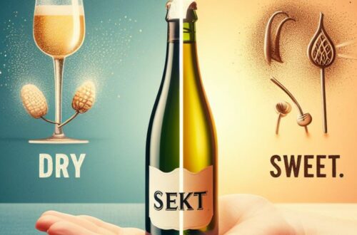 Is Sekt sweet or dry - A split image concept. On one side, showcase a bottle of Sekt with a question mark hovering above it. On the other side, the words "dry" to "sweet."