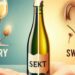 Is Sekt sweet or dry - A split image concept. On one side, showcase a bottle of Sekt with a question mark hovering above it. On the other side, the words "dry" to "sweet."