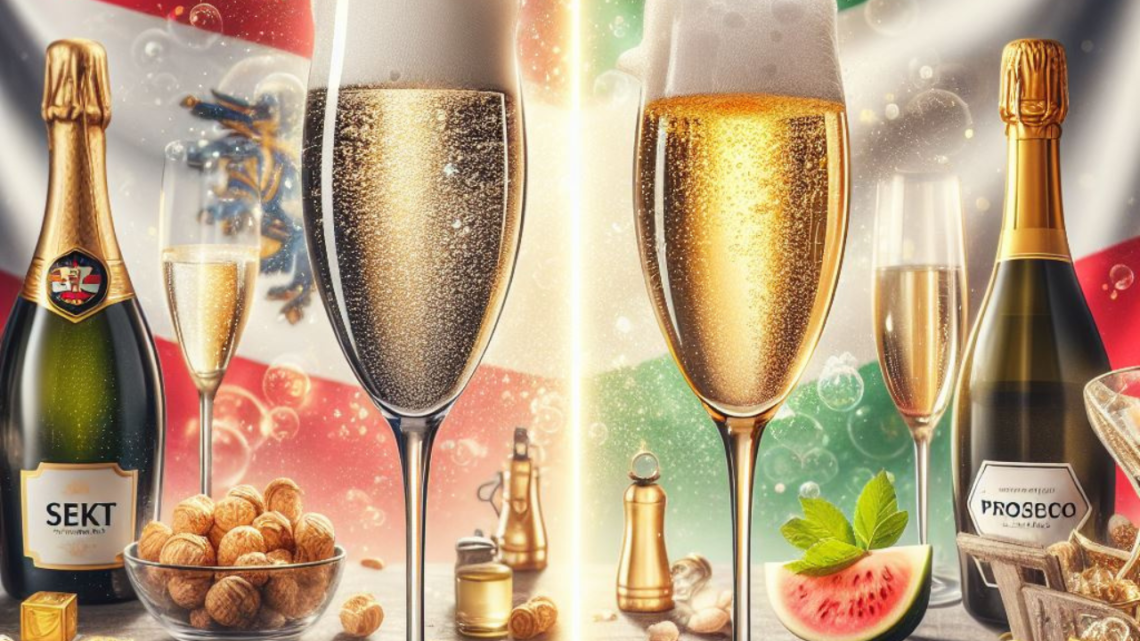 Is Sekt the same as Prosecco - photo featuring two glasses filled with bubbly wine. One glass can hold Sekt, the other Prosecco. Include elements in the background that hint at the origin of each, like a Austrian flag for Sekt and an Italian flag for Prosecco