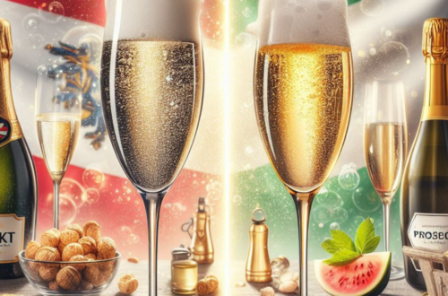 Is Sekt the same as Prosecco - photo featuring two glasses filled with bubbly wine. One glass can hold Sekt, the other Prosecco. Include elements in the background that hint at the origin of each, like a Austrian flag for Sekt and an Italian flag for Prosecco