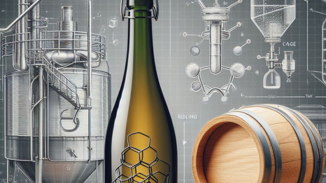 What is the Sekt method - A photo of a bottle of Sekt with a cork and cage wire. In the background, include elements that represent the two Sekt methods, like a tank on one side and a riddling rack on the other. This visually alludes to the blog post's topic without getting too technical.