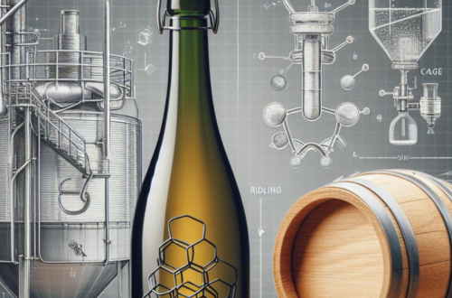 What is the Sekt method - A photo of a bottle of Sekt with a cork and cage wire. In the background, include elements that represent the two Sekt methods, like a tank on one side and a riddling rack on the other. This visually alludes to the blog post's topic without getting too technical.