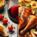 What to eat with Zweigelt wine - A split image concept. On one side, showcase a glass of Zweigelt. On the other side, display a delicious dish that pairs well with Zweigelt, like roasted chicken, pasta with tomato sauce, or a cheese platter.