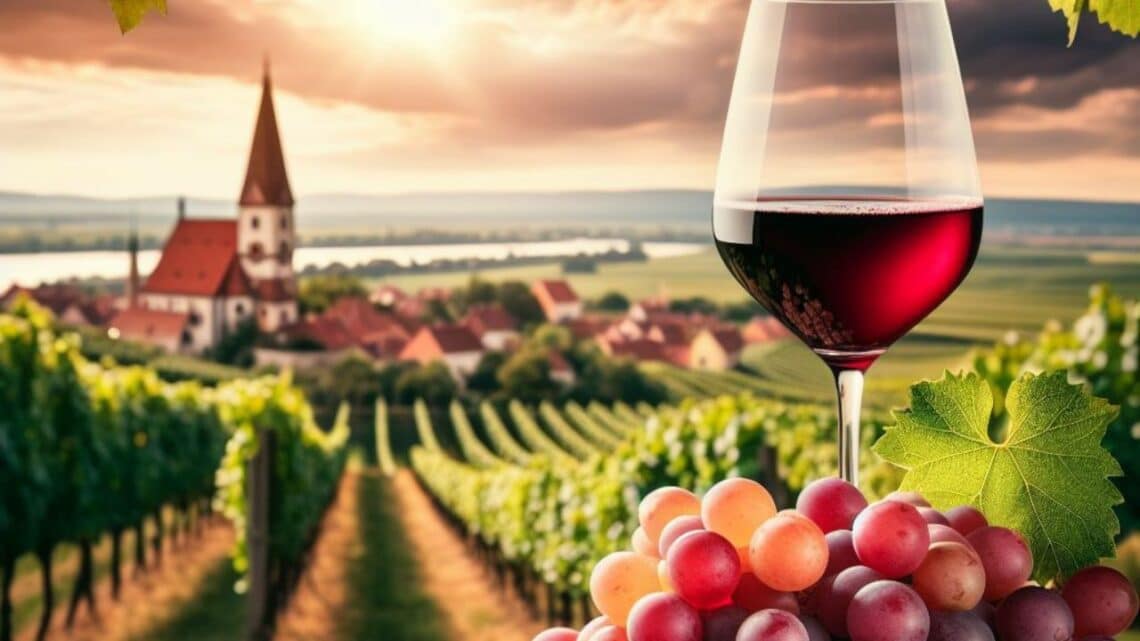 What are the red wines of Burgenland - A photo featuring a glass of red wine in the foreground with a scenic view of a Burgenland vineyard in the background.