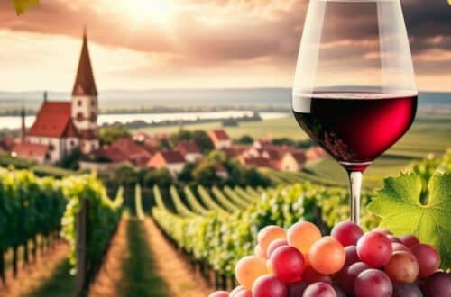 What are the red wines of Burgenland - A photo featuring a glass of red wine in the foreground with a scenic view of a Burgenland vineyard in the background.