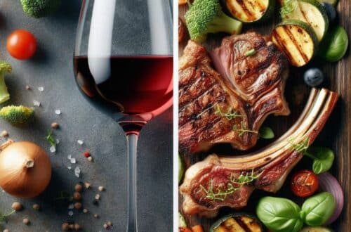 What to eat with Blaufränkisch - A split image concept. On one side, showcase a glass of Blaufränkisch. On the other side, display a delicious dish that pairs well with Blaufränkisch, like grilled lamb chops or roasted vegetables