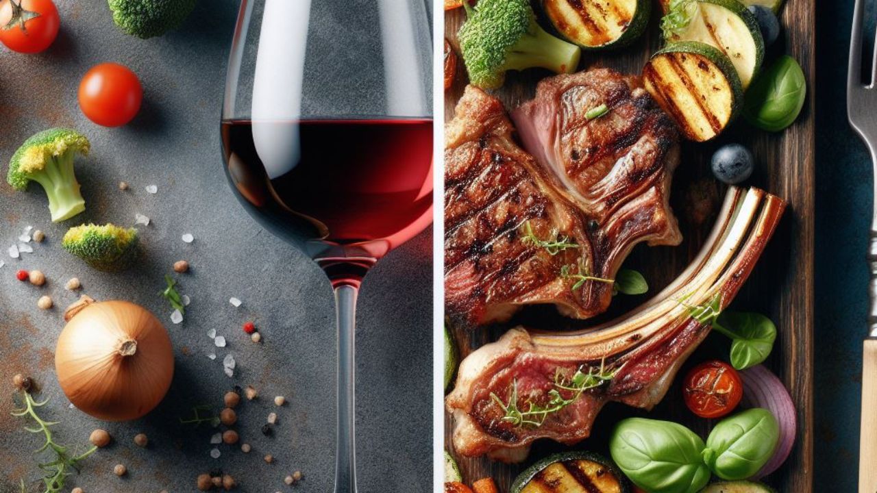 What to eat with Blaufränkisch - A split image concept. On one side, showcase a glass of Blaufränkisch. On the other side, display a delicious dish that pairs well with Blaufränkisch, like grilled lamb chops or roasted vegetables