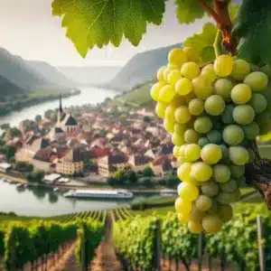 a grape of Grüner Veltliner in the foreground with an Austrian town in Wachau in the background, boarding the Danube