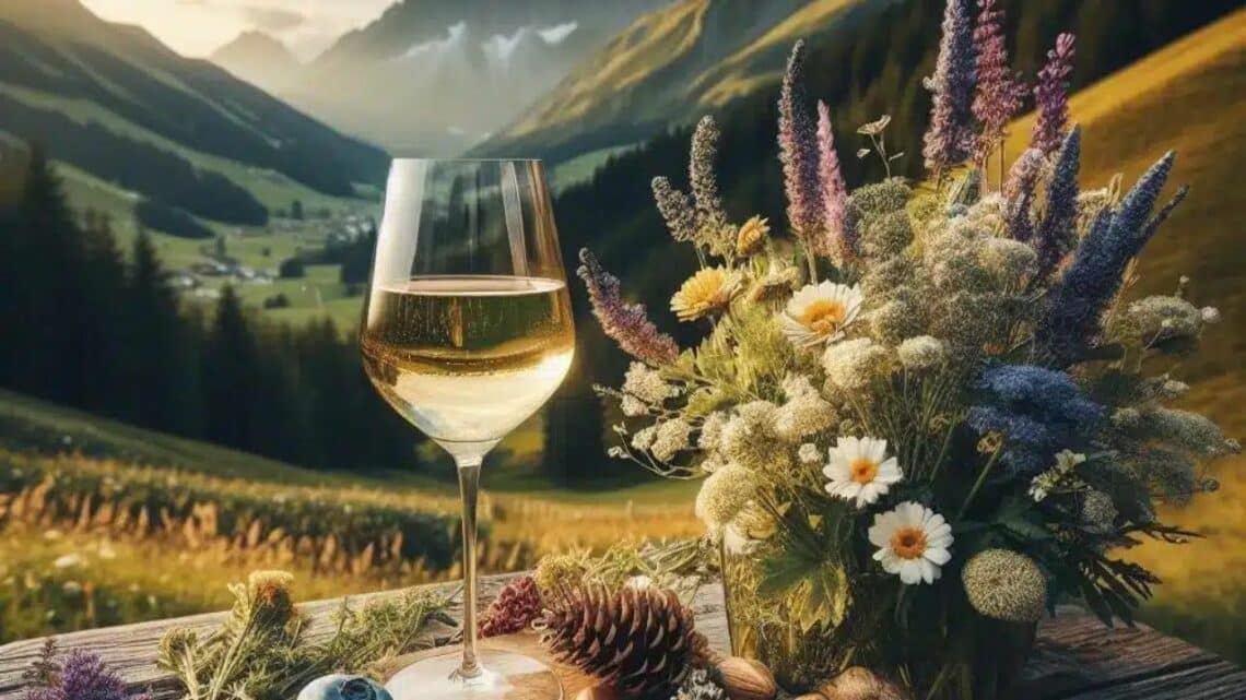 Unique characteristics of Grüner Veltliner wine from Wachau - a glass of white wine beside a bouquet of flowers