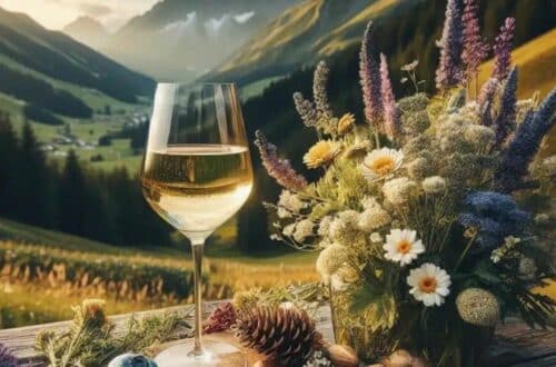 Unique characteristics of Grüner Veltliner wine from Wachau - a glass of white wine beside a bouquet of flowers