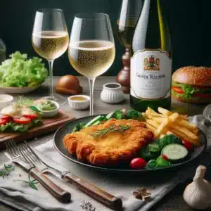 a glass of Grüner Veltliner with a bottle of Grüner Veltliner on a table with a wiener schnitzel