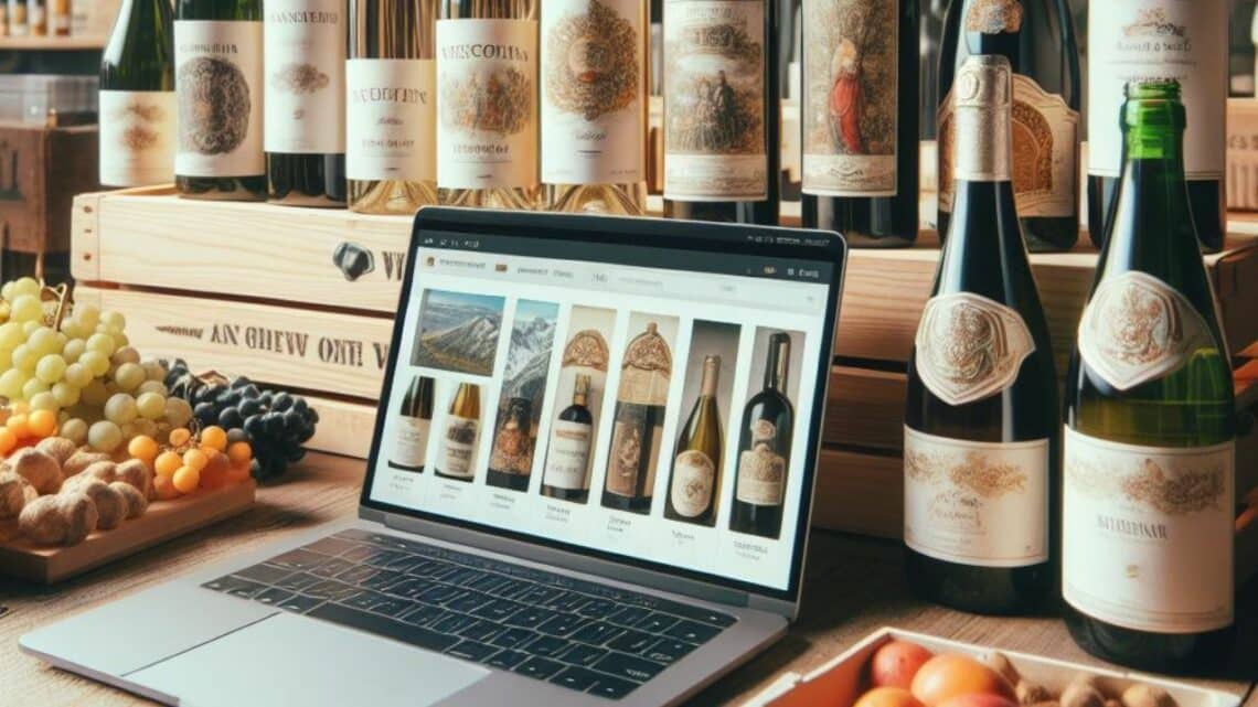 Where to buy Austrian wine online - computer opened on an online shop with wine bottles beside