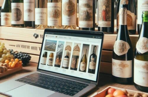 Where to buy Austrian wine online - computer opened on an online shop with wine bottles beside