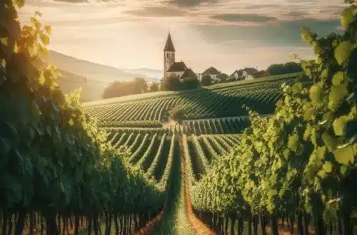 vineyard on a hill with a church on it