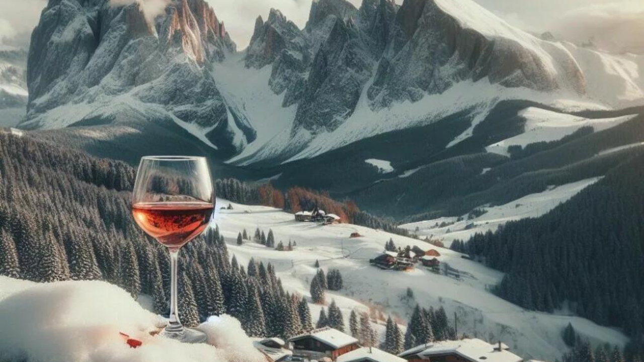 Wine retreats in the Alps - picture of a wine glass in front of mountains