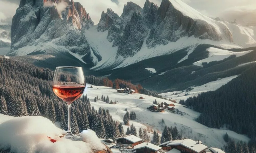 glass of wine in front of snowy mountains