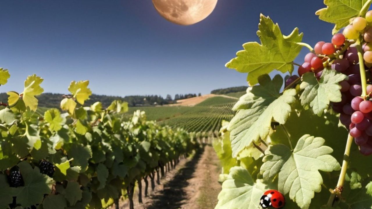 Biodynamic Winemaking In Austria - photo of a vineyard with cover crops and a ladybug on a bunch of grapes and a moon in the sky