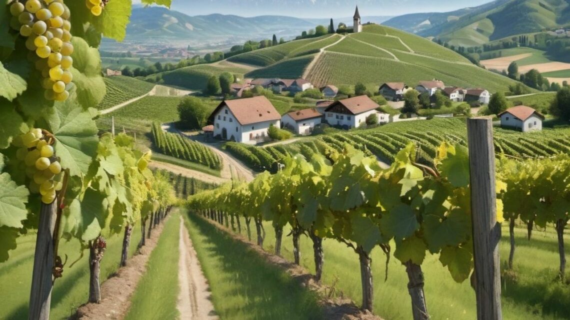 A photorealistic image of a vibrant Austrian vineyard in early summer. Lush green rows of grapevines are interspersed with colorful wildflowers and low-growing grasses. Butterflies flutter amongst the flowers, and a few ladybugs crawl on the green leaves. The rolling hills of the Austrian countryside are visible in the background, with a clear blue sky above.