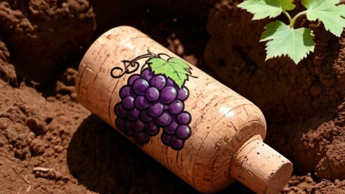 Natural winemaking in Austria - picture of a cork with a grape bunch drawn on it lying on soil