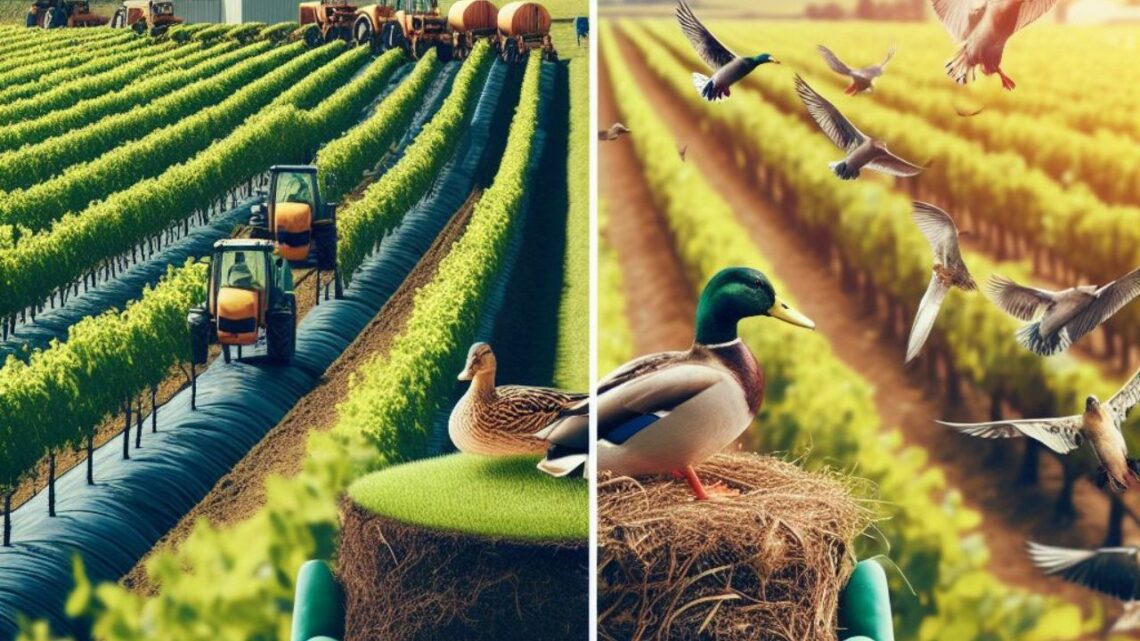 Organic Winemaking In Austria - a split-image concept. On one side, showcase a conventional vineyard with rows of perfectly manicured vines and heavy machinery. On the other side, display a photo representing organic practices, like a natural compost pile or a flock of birds helping with pest control.