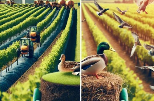 Organic Winemaking In Austria - a split-image concept. On one side, showcase a conventional vineyard with rows of perfectly manicured vines and heavy machinery. On the other side, display a photo representing organic practices, like a natural compost pile or a flock of birds helping with pest control.