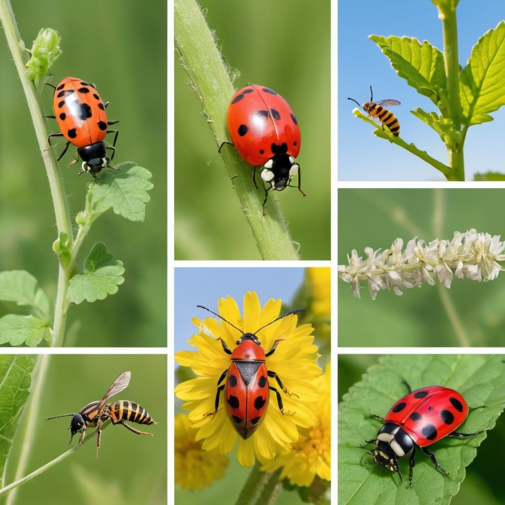 A collage image showcasing a variety of beneficial insects commonly found in Austrian vineyards with cover crops. Include close-up pictures of a ladybug with red spots, a green lacewing with delicate wings, and a bee with yellow and black stripes. You can arrange them on a background of green leaves or flowers.