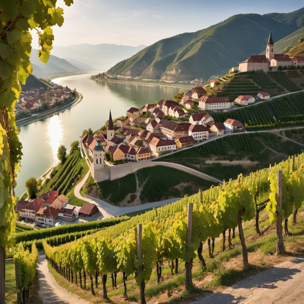 A photorealistic image of terraced vineyards clinging to a steep slope along the Danube River in the Wachau Valley, Austria. Sunlight bathes the rows of grapevines in a warm glow, with a quaint village nestled in the background.